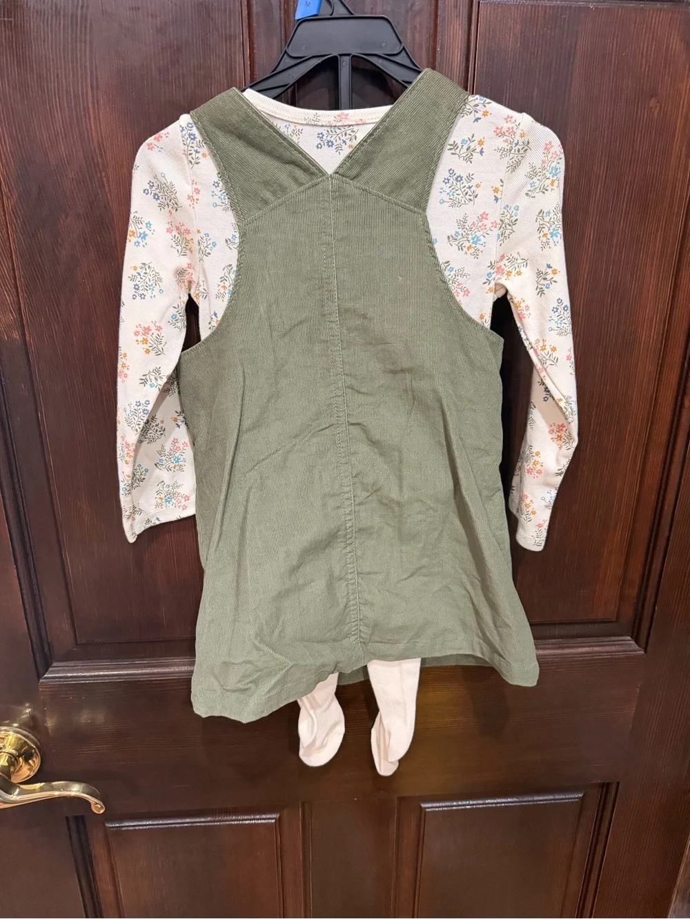 Carter's 3 piece set Olive Green Cordury dress, long sleeve shirt, and tights